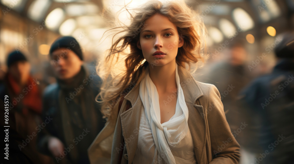 Beautiful young blonde woman with long hair in fashionable walks ...