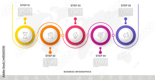 Vector timeline infographics template with 5 circles and options. Blank space for web, infographic, diagram, business, digital network, flowchart, presentations