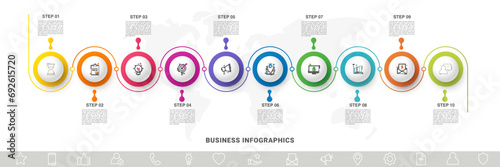 Vector timeline infographics template with ten circles and options. Blank space for web, infographic, diagram, business, digital network, flowchart, presentations