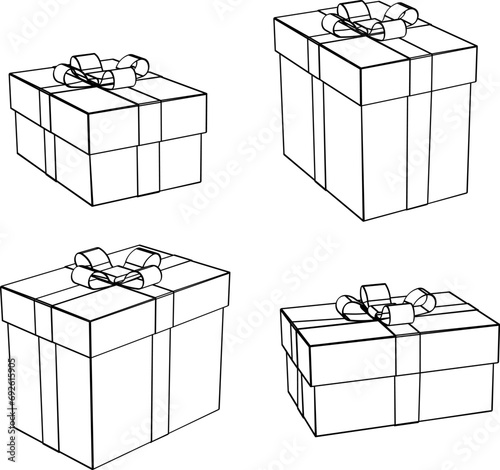 Gift boxes. Set. Vector line art. Realistic gift box, with a bow, isolated on a transparent background. Cube-shaped box, tied with wrapping ribbon, standing on a surface.