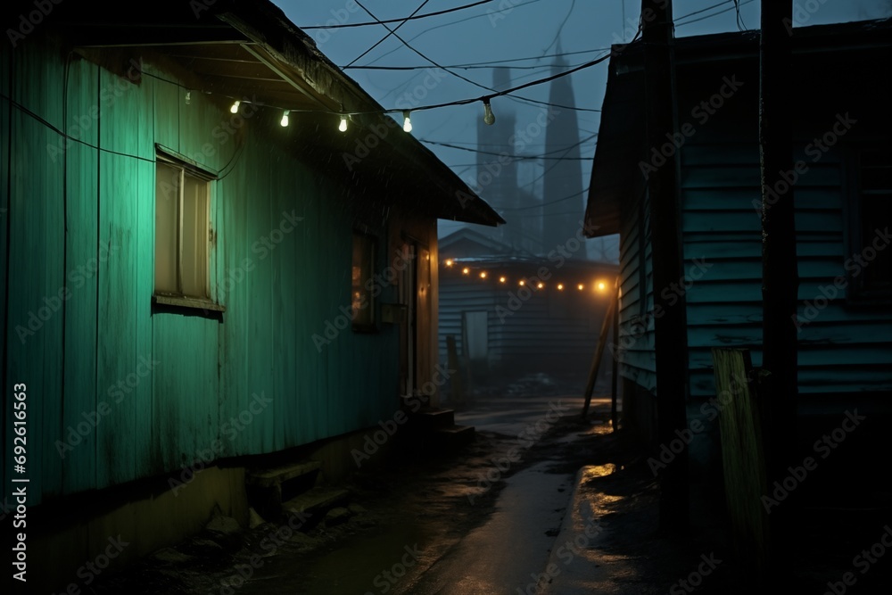 An evocative scene capturing a narrow alleyway between turquoise wooden houses under a twilight sky. Rain gently falls as strings of glowing bulbs offer a quiet sense of life amidst the misty solitude