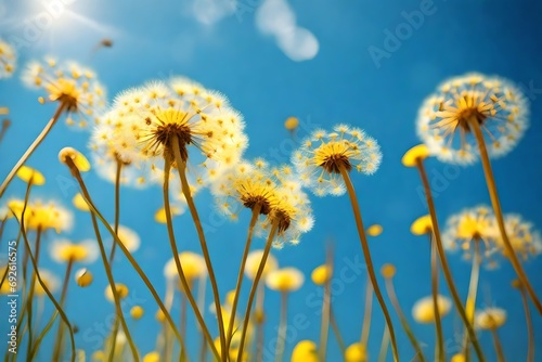Close-up of vibrant yellow dandelions swaying in a gentle breeze against a bright blue sky.