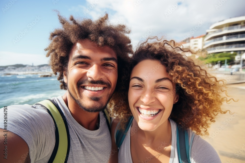 Sunlit Affection: Detailed Frontal Portrait of a Youthful Couple Embracing the Beach Lifestyle Sunlit Affection: Detailed Frontal Portrait of a Youthful Couple Embracing the Beach Lifestyle