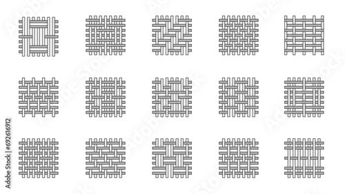 Knitting types. Weaving knit fabric, needlework textile with yarn, woolen cloth and thread, tailor knitwear. Vector isolated set