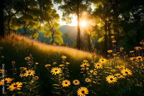 Sunlight filtering through the leaves onto a tranquil field of mountain wildflowers.