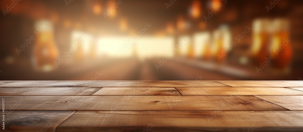 rustic countryside bar background with wooden table board foreground ...