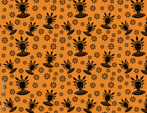 Mystical exoteric sun and African goddess pattern, texture background, print