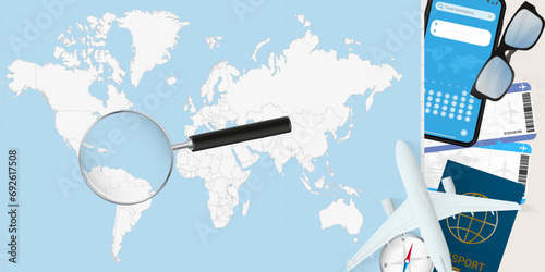 Saint Lucia is magnified over a World Map, illustration with airplane, passport, boarding pass, compass and eyeglasses.