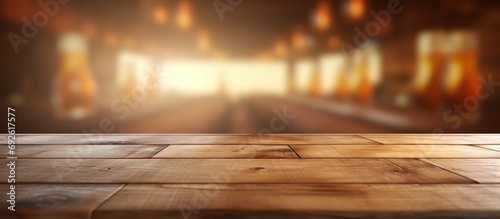 rustic countryside bar background with wooden table board foreground, idea for display mock-up, Generative Ai photo