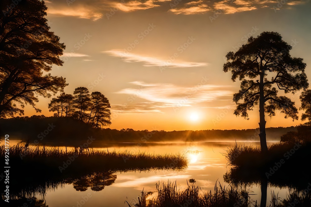 Obraz premium A breathtaking landscape of a calm lake, silhouetted trees, and the golden hues of a sunset