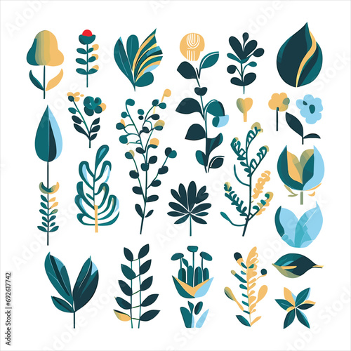 beautiful reimagined risograph set of plant symbols with botanical elements. isolated on a white background. 