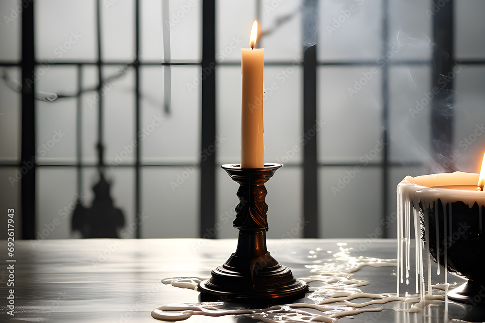 burning white candles with dripping wax on a light background. concept of esotericism, fortune telling. photo Playground AI platform.