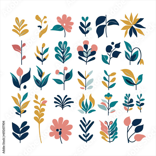 beautiful reimagined risograph set of plant symbols with botanical elements. isolated on a white background. 
