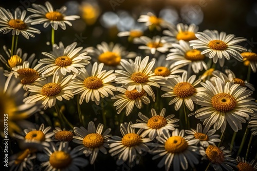 A close-up of dew-kissed yellow daisies glistening in the morning light