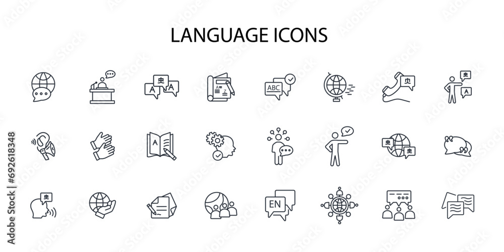 Language icon set.vector.Editable stroke.linear style sign for use web design,logo.Symbol illustration. - obrazy, fototapety, plakaty 