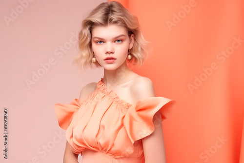 female topmodel with great gala outfit in the color peach fuzz