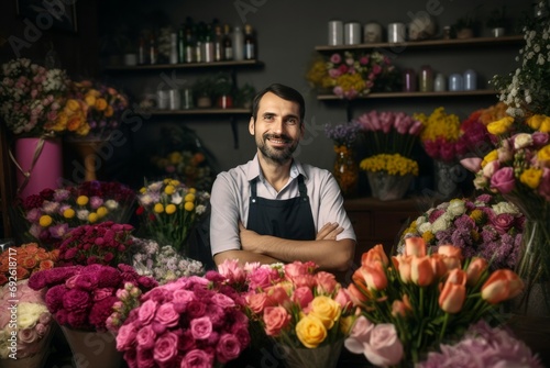 Smiling florist man in shop. Male merchant in blossom flora botany market. Generate ai