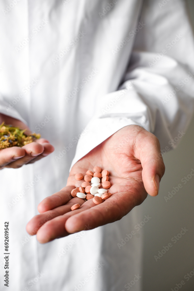 Herbs and synthetic medicine in doctor's hands