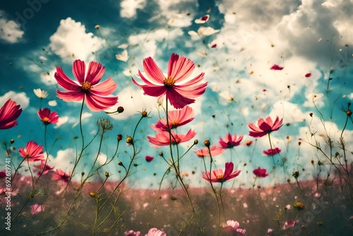 A cosmos flower field during a windy day, with petals and leaves in dynamic motion, against a backdrop of fast-moving clouds, all captured in a lively, high-contrast vintage style. © Nazia