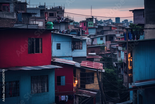 Twilight over slums showcasing the stark realities of urban living conditions © Ai Studio
