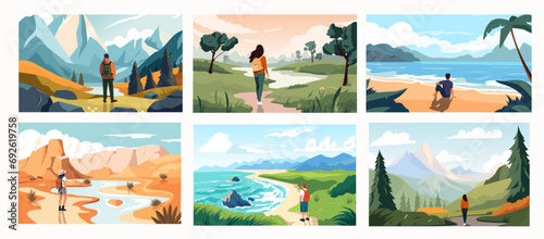 Travelers looking at scenery. Cartoon persons exploring nature and landscape, persons on vacation trip and hiking, summer vacation concept. Vector illustration