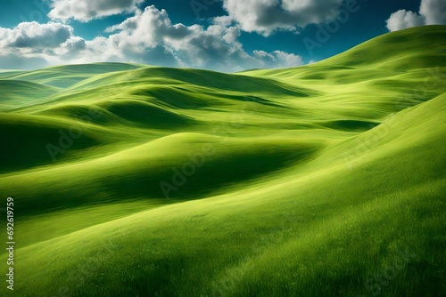 Rolling grassy hills beneath a vast blue sky.