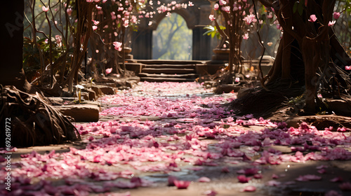 A solitary path is strewn with petals: Capture the essence of a lone traveler surrounded by a trail of scattered rose petals, symbolizing the journey towards love on Valentine's Da