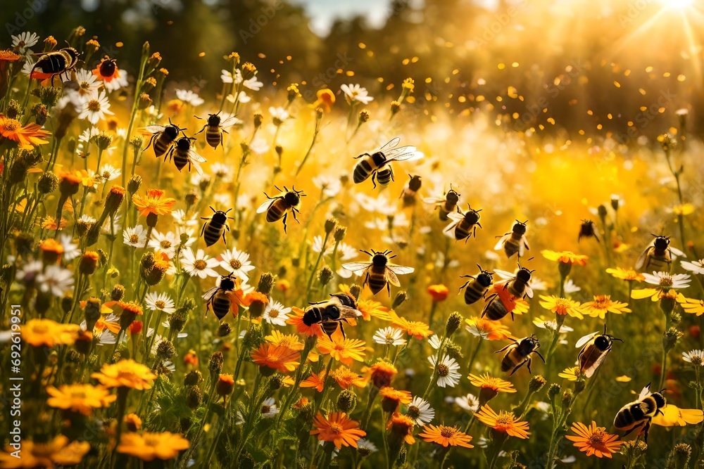 Bees buzzing amidst a tapestry of vivid wildflowers in a sun-drenched meadow.