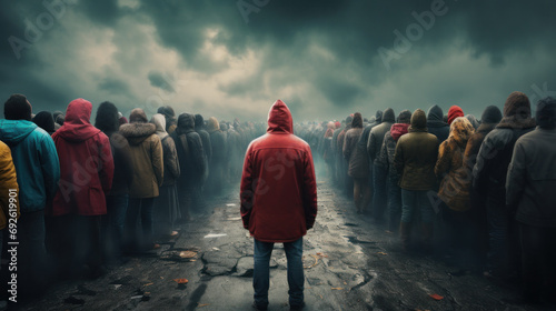 Sole individual in red facing away from a crowd, symbolizing difference or isolation photo