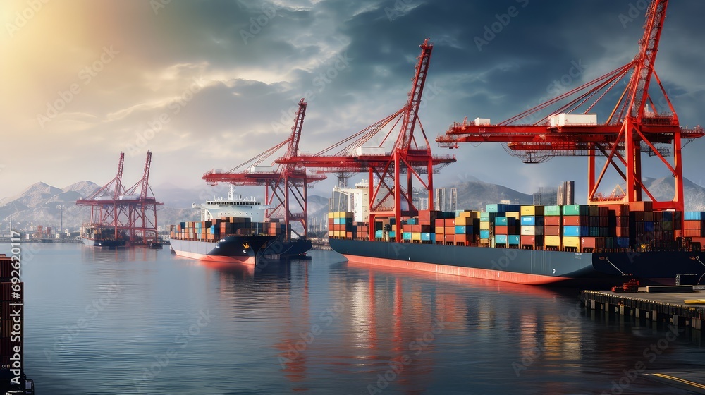 Fototapeta premium container port ship cargo illustration dock vessel, freight maritime, ex im container port ship cargo