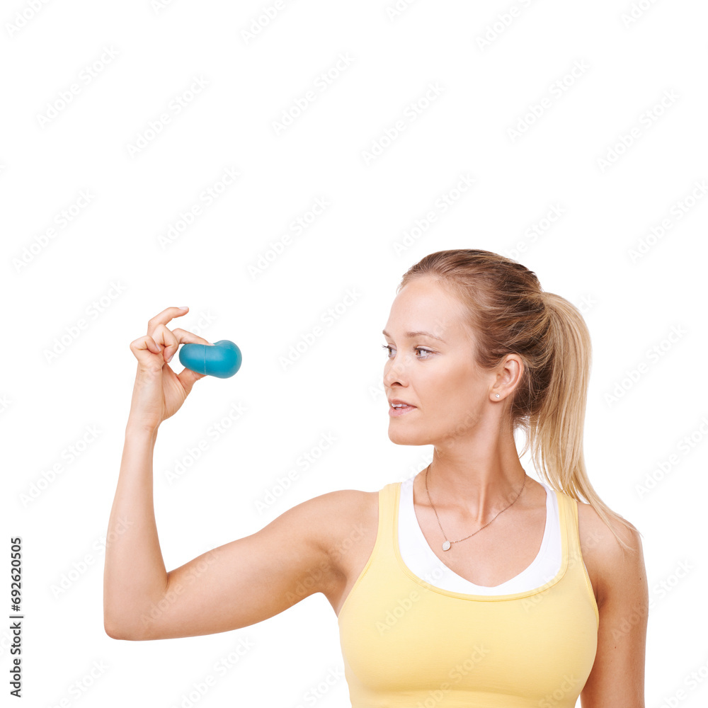 Strong woman, squeeze and stress ball in fitness for exercise against a white studio background. Young female person in relief, tension or anger management in gym workout or training on mockup space Strong woman, squeeze and stress ball in fitness for exercise against a white studio background. Young female person in relief, tension or anger management in gym workout or training on mockup space