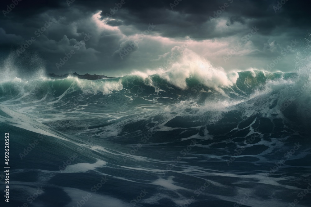 Dangerous big waves. Raging and destructive storm nighttime thunderstorm. Generate AI - obrazy, fototapety, plakaty 