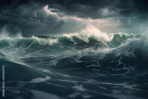 Dangerous big waves. Raging and destructive storm nighttime thunderstorm. Generate AI photo