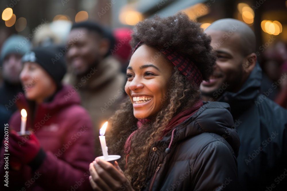 Young happy beautiful woman holding a candle for celebrate in Christmas ceremony Young happy beautiful woman holding a candle for celebrate in Christmas ceremony