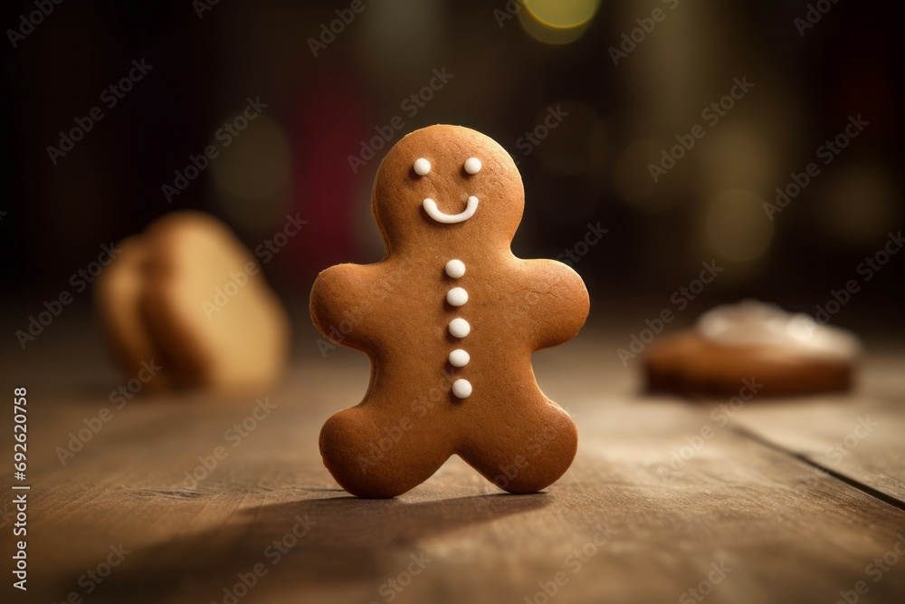 Gingerbread cookie man on wooden table. Sweet dessert on xmas holidays. Generate Ai Gingerbread cookie man on wooden table. Sweet dessert on xmas holidays. Generate Ai