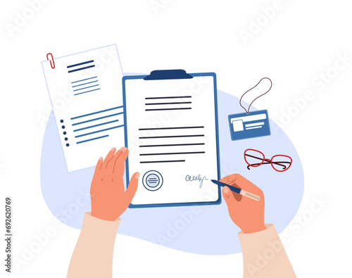Male hands holding a pen and signing a document. Survey, quiz, contract or agreement concept. Vector illustration in flat style.