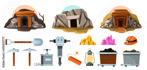 Mine tools. Cartoon miner worker tools, mining cart with drill hammer pickaxe, underground cart with mining equipment flat style. Vector isolated set