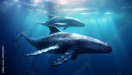 a couple of blue whales swim in the ocean under the rays of sunlight. photo