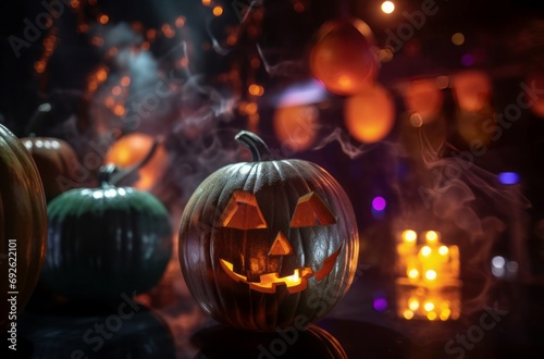 Halloween disco pumpkins. Funny and colorful vegetables with burnings candles. Generate AI