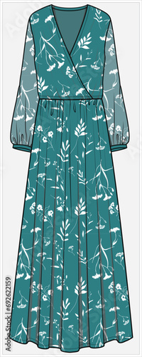 LONG SLEEVES V NECKLINE WRAP MAXI DRESS DESIGNED FOR WOMEN YOUNG WOMEN AND TEEN GIRLS IN  VECTOR ILLUSTRATION FILE photo