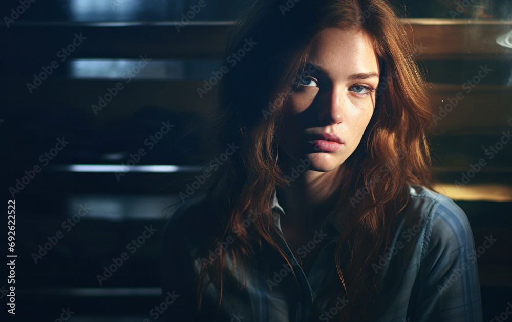 Portrait of a young woman with striking eyes and red hair illuminated by dramatic light, casting shadows that accentuate her features Portrait of a young woman with striking eyes and red hair illuminated by dramatic light, casting shadows that accentuate her features