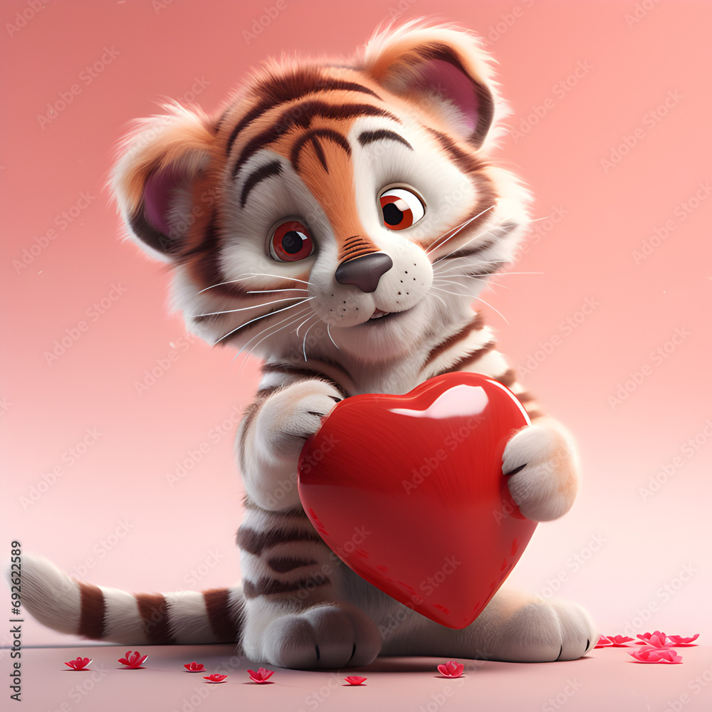 lovable Tiger holding a red heart, in the style of Adorable Valentine