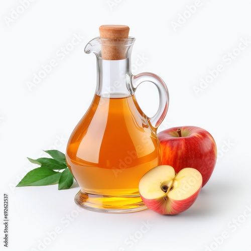 a glass jug with a cork and a red apple next to it