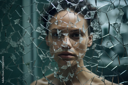 A young woman's contemplative gaze through cracked glass, symbolizing fragility and introspection amidst chaos