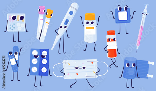 Cartoon pills characters. Cute pharmaceutical medicine with syringe and spoon, funny drugstore medication with cute mascot emotions. Vector set photo