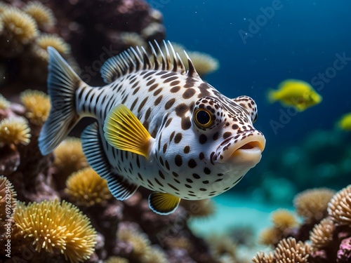 Closeup of beautiful colourful fish in the ocean, animal background, puffer fish, aquarium