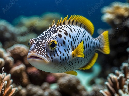 Closeup of beautiful colourful fish in the ocean, animal background, puffer fish, aquarium