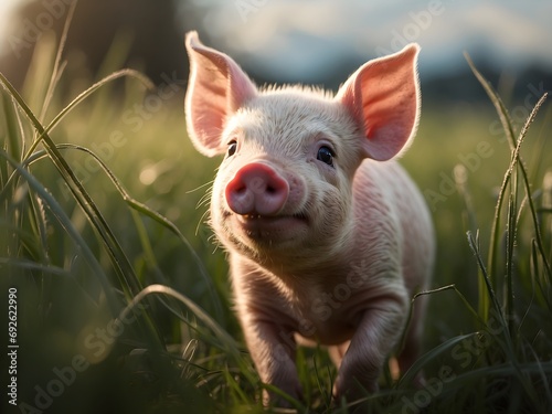 Cute little baby piglet playing in green field, animal background © Karlo