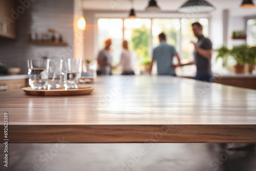Empty Kitchen Island with Friends Chatting in Background