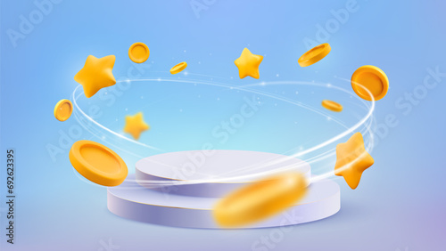 Triumph pedestal with flying coins and stars around. Winning podium vector illustration. Win celebration vector illustration.
